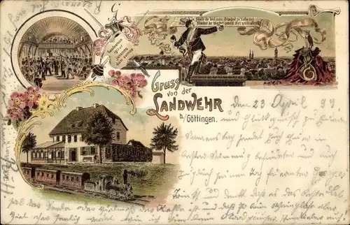 Studentika Litho Göttingen in Niedersachsen, Gruß von der Landwehr, Dampflok, Studenten