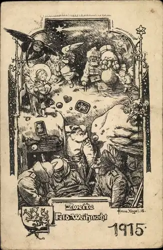 Künstler Ak Frohe Weihnachten, Feldweihnacht 1915, Soldaten im Unterstand, Weihnachtsmann, Engel