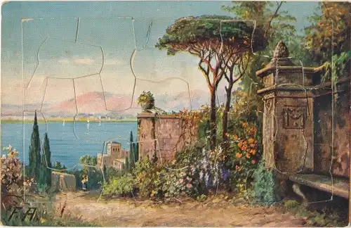 Puzzle Künstler Ak Stadtpartie mit Grünanlagen, Blick aufs Meer, Säule, Bäume