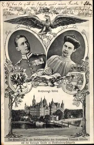 Wappen Ak Kronprinz Wilhelm von Preußen, Herzogin Cecilie zu Mecklenburg Schwerin, Schloss