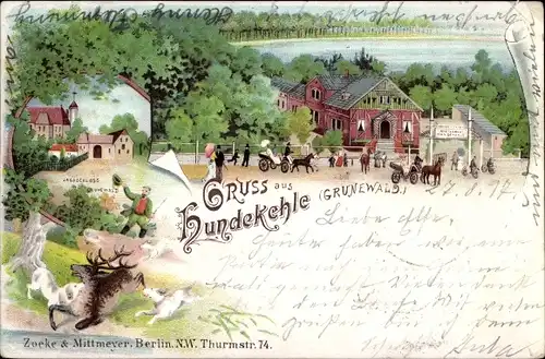 Litho Berlin Wilmersdorf Grunewald, Hundekehle, Jagdschloss, Jagdszene