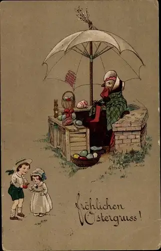 Ak Glückwunsch Ostern, Henne verkauft Ostereier