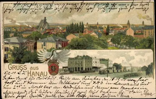 Künstler Litho Hanau am Main, Panorama, Bahnhof, Gleisseite, Wappen