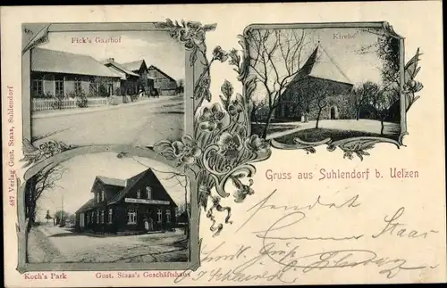 Ak Suhlendorf in der Lüneburger Heide, Fick's Gasthof, Koch's Park, Kirche, Geschäftshaus