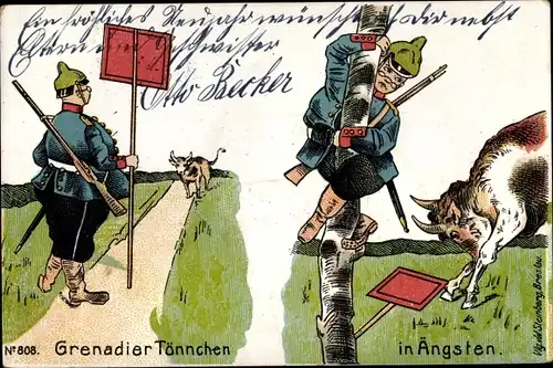 Litho Grenadier Tönnchen in Ängsten, Soldat flieht vor Stier auf einen Baum