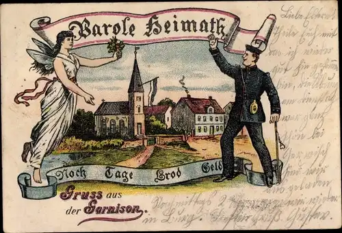 Litho Parole Heimat, Gruß aus der Garnison, Ortschaft, Soldat, Engel