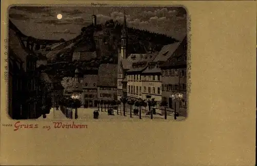 Mondschein Litho Weinheim an der Bergstraße Baden, Marktplatz