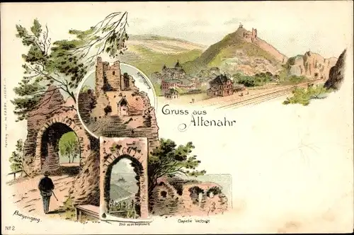 Litho Altenahr im Kreis Ahrweiler Rheinland Pfalz, Burgeingang, Rittersprung, Burgtrümmer, Kapelle