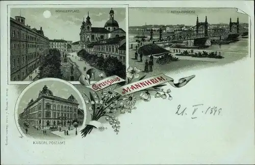 Mondschein Litho Mannheim in Baden Württemberg, Schillerplatz, Neckarbrücke, Postamt