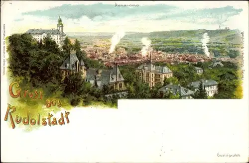 Litho Rudolstadt in Thüringen, Panorama der Ortschaft