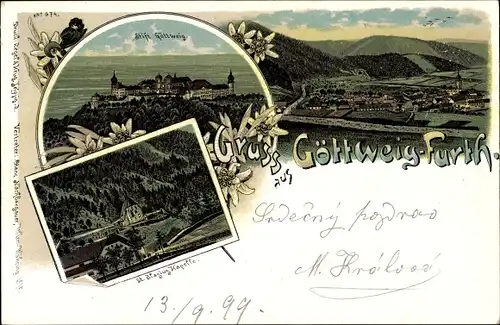 Litho Furth in Niederösterreich, St. Blasius Kapelle, Stift Göttweig, Panorama vom Ort