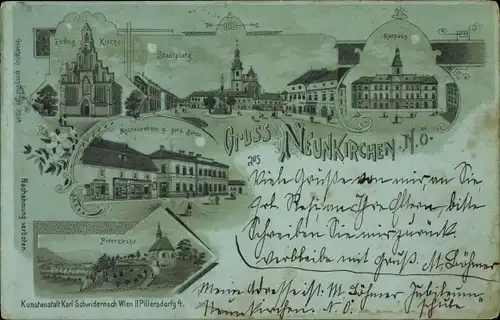Mondschein Litho Neunkirchen in Niederösterreich, Ev. Kirche, Stadtplatz, Rathaus, Restauration