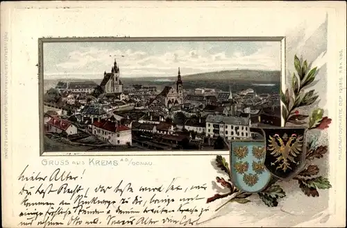 Präge Wappen Passepartout Ak Krems an der Donau in Niederösterreich, Totale der Ortschaft
