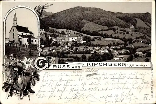 Litho Kirchberg am Wechsel in Niederösterreich, Totalansicht vom Ort, Kirche