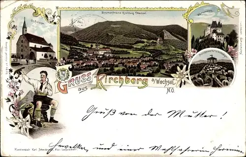Litho Kirchberg am Wechsel in Niederösterreich, Totalansicht vom Ort, Wartenstein, St. Corona