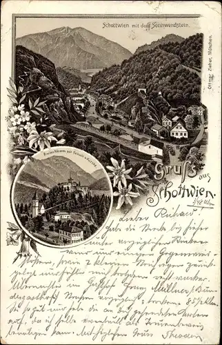 Litho Schottwien in Niederösterreich, Ortschaft mit dem Sonnwedstein, Ruine Klamm, Schule, Kirche