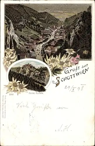 Litho Schottwien in Niederösterreich, Totalansicht der Ortschaft, Ruine Klamm