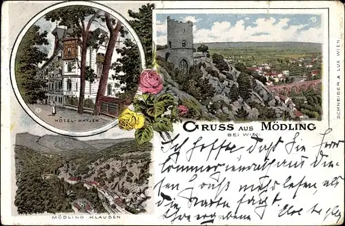 Litho Mödling in Niederösterreich, Hotel Hayjek, Klausen, Burgruine, Talblick