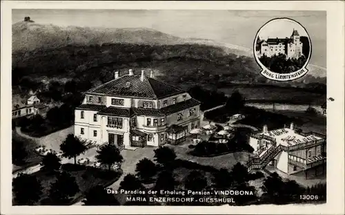 Künstler Ak Gießhübl Maria Enzersdorf in Niederösterreich, Pension Vindobona, Burg Liechtenstein