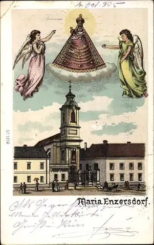 Litho Maria Enzersdorf in Niederösterreich, Straßenpartie an der Kirche, Heiligenbild, Engel
