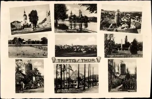 Ak Triptis in Thüringen, Kirche und Schule, Schlossturm, Sommerbad, Krieger-Ehrenmal, Erholungsheim