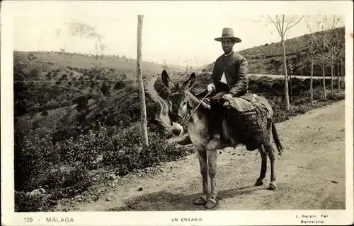 Ak Málaga Andalusien Spanien, Cosario, Reiter auf einem Esel