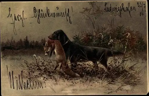 Künstler Ak Müller, Jagdhund mit Fuchs