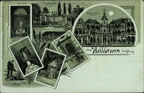 Mondschein Litho Salzburg in Österreich, Lustschloss Hellbrunn, mechanisches Theater