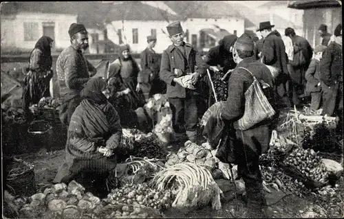 Ak Serbien, Serbisches Volksleben, Gemüsemarkt in einem Ort