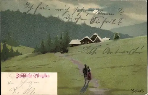 Künstler Ak Mailick, Fröhliche Pfingsten, Dorfpartie