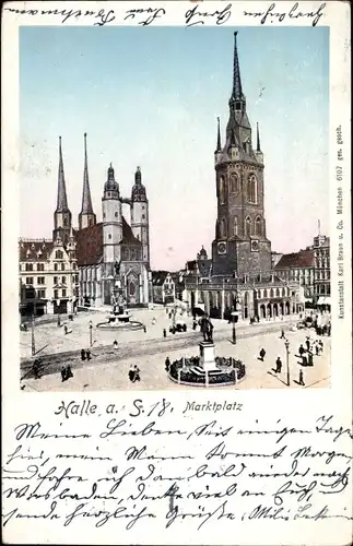 Ak Halle an der Saale, Marktplatz, Denkmäler, Gleise, Kirche