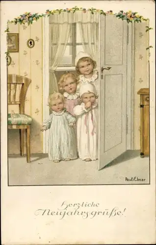 Künstler Ak Ebner, P., Kinder an der Tür, Kinderzimmer, Neujahr