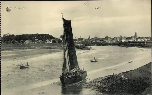 Ak Nieuport Westflandern, L'Yser, Segelboot, Kirche