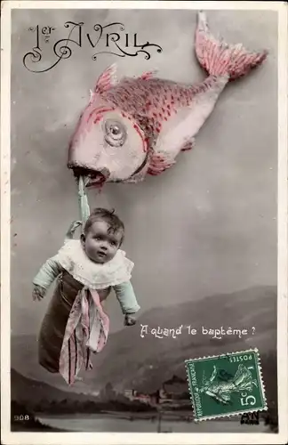 Ak 1. April, Fisch trägt Baby, Fotomontage