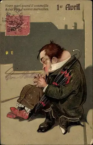 Präge Litho 1. April, Betrunkener Mann schläft vor der Haustür
