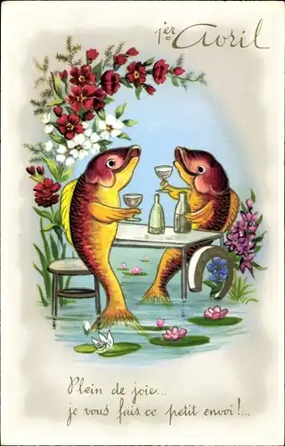Ak 1. April, Vermenschlichte Fische, Hufeisen, Weingläser