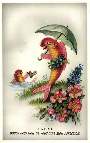 Ak 1. April,Vermenschlichte Fische, Regenschirm, Schuh