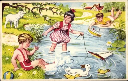 Künstler Ak Kinder spielen am Wasser, Modellboote