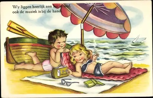 Künstler Ak Kinder am Strand, Radio, Mädchen mit Zigarette