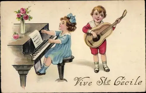 Ak Mädchen am Klavier, Junge mit Gitarre, Vive Sainte Cecile