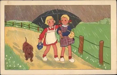 Künstler Ak Box, Henry, Mädchen im Regen, Regenschirm, Dackel