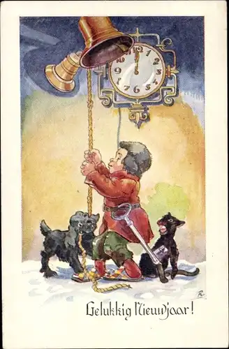 Künstler Ak Glückwunsch Neujahr, Glöckner läutet die Glocken, Uhr, Hund, Katze