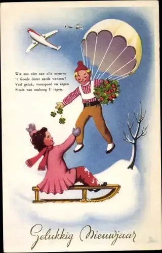 Ak Glückwunsch Neujahr, Mädchen auf einem Schlitten, Fallschirmspringer mit Kleeblättern