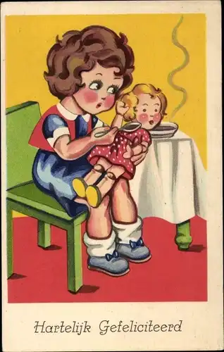 Ak Glückwunsch Geburtstag, Mädchen füttert Puppe