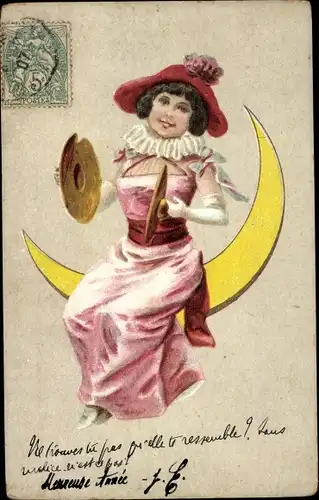 Ak Frau im Kostüm auf einer Mondsichel, Becken