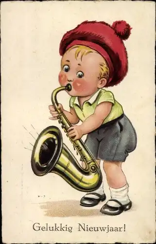 Ak Glückwunsch Neujahr, Junge spielt Saxophon