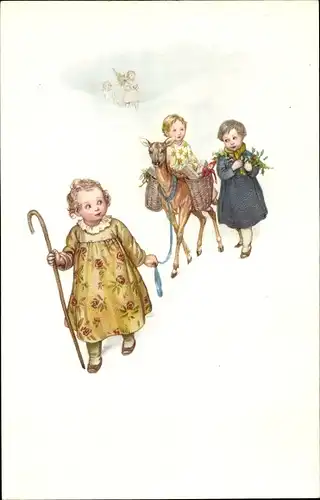 Künstler Ak Kinder mit Reh, Hirtenstab