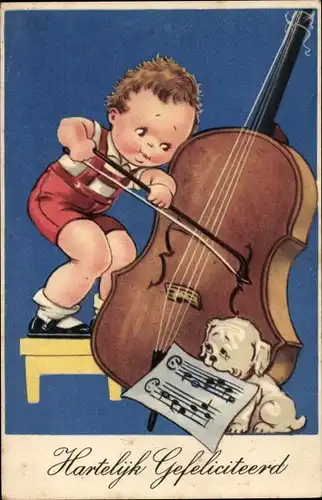 Ak Glückwunsch Geburtstag, Junge spielt Cello, Hund