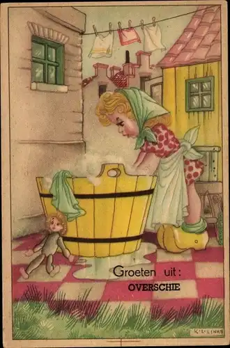 Künstler Ak Links, Karel L., Overschie Südholland, Mädchen wäscht Wäsche, Puppe