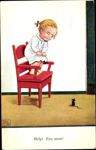 Künstler Ak Wills, John, Mädchen ist vor der Maus auf einen Stuhl geflüchtet